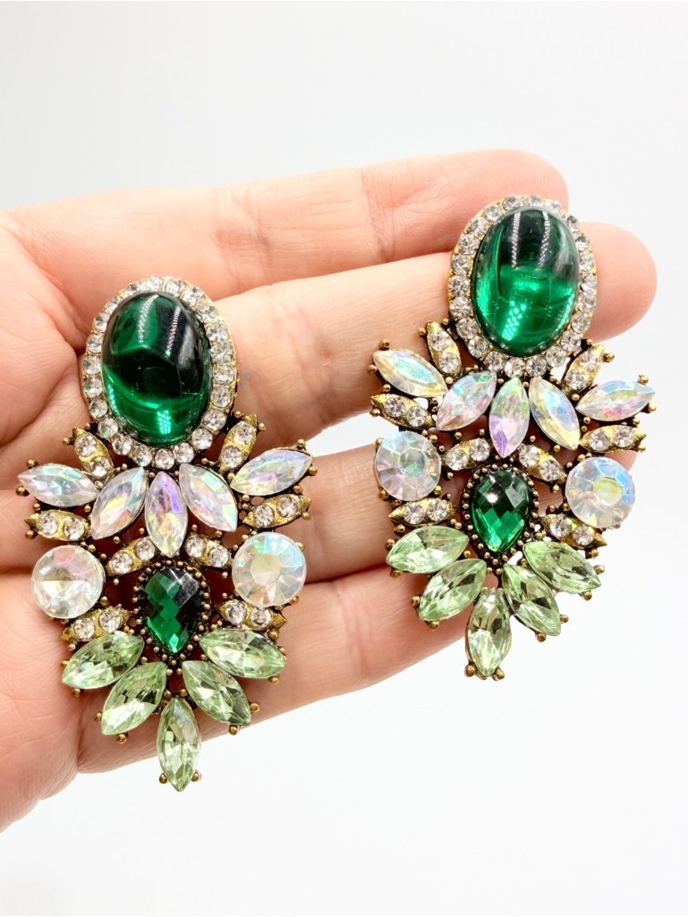 Green Crystal Statement Earrings Gold Tone Rhinestone Drop Vintage Style